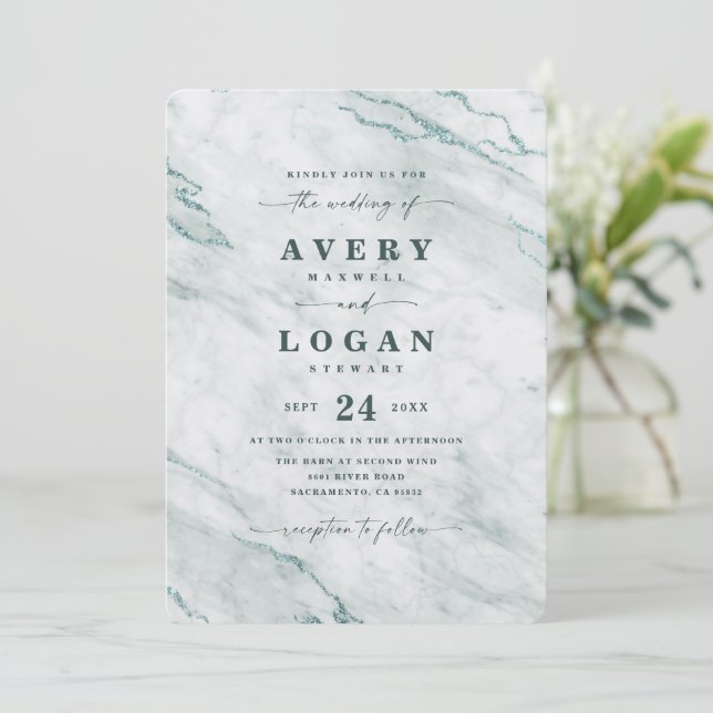 Elegant Ocean teal Aqua Metallic Marble Bröllop Inbjudningar (Stående Fram)