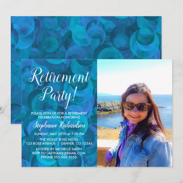 Elegant Oceanblå Fotografi Pensioneringsfest Inbjudningar (Fram/baksida)