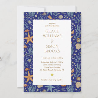 Elegant Oceanen Guld Ultramarine Personligt bröllp Inbjudningar