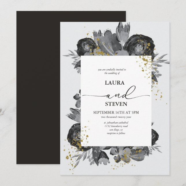 Elegant- och blomningsblommor och Guld-flingor Brö Inbjudningar (Fram/baksida)