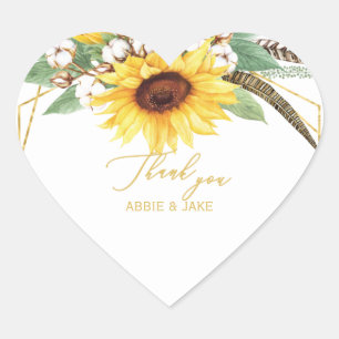 Elegant och Cheerful Solros Feather Bröllop Hjärtformat Klistermärke