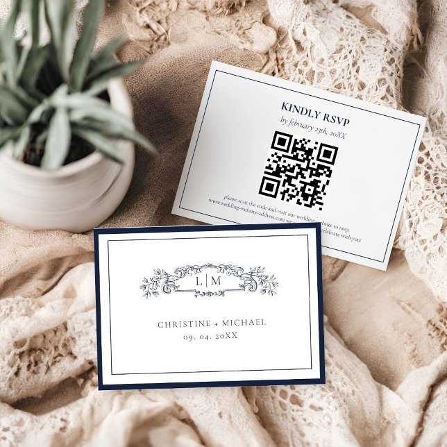 Elegant och Chic - marin blå Vapensköld, Monogram  OSA Kort (Skapare uppladdad)