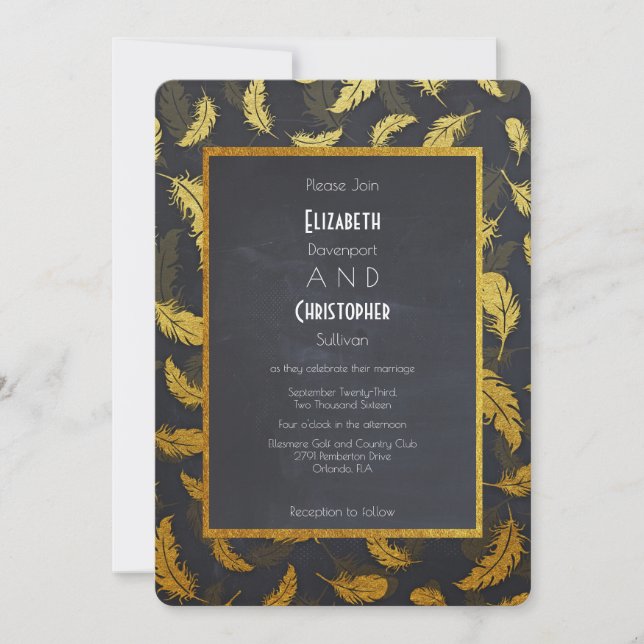 Elegant och Chic, svart och Guld, Bröllop Inbjudningar (Framsida)