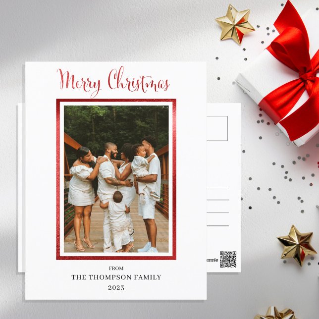 Elegant och Classy Faux Foil Photo God jul Helg Vykort (Classy and elegant red and White Faux Foil, Single Photo "Merry Christmas" with back message design.)
