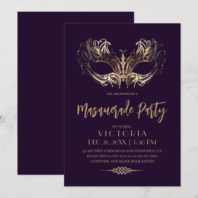 Elegant och den moderna Guld Masqueraaddagen Party Inbjudningar (Fram/baksida)