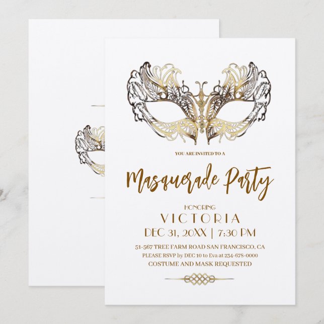 Elegant och den moderna Guld Masqueraaddagen Party Inbjudningar (Fram/baksida)