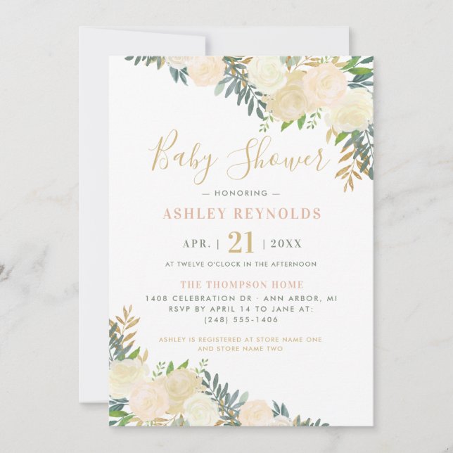 Elegant  och Guld Blommigt Greenery Baby Shower Inbjudningar (Framsida)