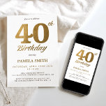 Elegant och lyxfaux faux guld 40-årsdagen inbjudningar<br><div class="desc">Modern 40-årig inbjudan att fira födelsedag har en design med minimalistiskt och klassiskt inslag. Golden foil-effekten ge på konstruktionen av det mer lyxiga stil anger perfekten för detta milstolpe tillfälle, som är idealiskt för inbjudan som gästerna besöker vid hållningsevenemanget och party. Med mallen kan du enkelt redigera namn, texter, lägga...</div>