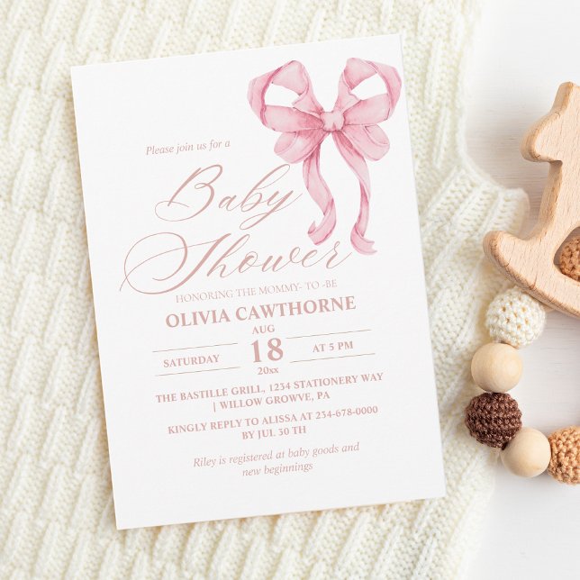 Elegant och minimalistisk Rosa Bow Baby Shower Inbjudningar (Skapare uppladdad)