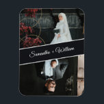 Elegant och modern Anpassningsbar 2 Photo Bröllop Magnet<br><div class="desc">Fira kärlek med den här magneten i elegant personligt bröllp med två personliger av bruden och trippen med namn som visas i en diagonal snyggt. En modern och tidlös utformning, perfekt för bröllop gynnar, sparar datumen eller som en nyckelgåva för familj och vänner. Anpassa enkelt dina egna foton och namn...</div>