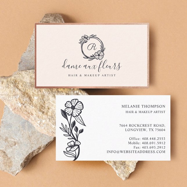 Elegant och modern Blommigt Rosa av andedräkt Visitkort (Elegant & Modern Floral Monogram Wreath Pink Business Card)