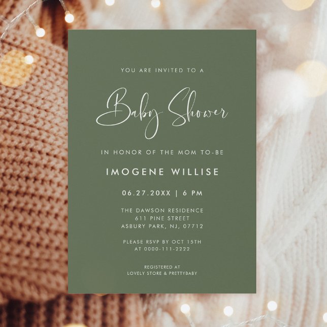 Elegant och modern Mörk Sage Grönt Baby Shower Inbjudningar (Skapare uppladdad)