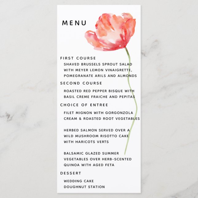 Elegant och Modern Poppy Red Bröllop Menu Meny (Framsida)
