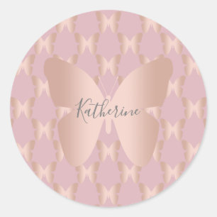 Elegant och modern rosa guld- fjärilsdesign runt klistermärke