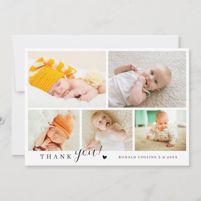 Elegant och modernt 5-foto-Collage Baby Shower Tack Kort (Framsida)