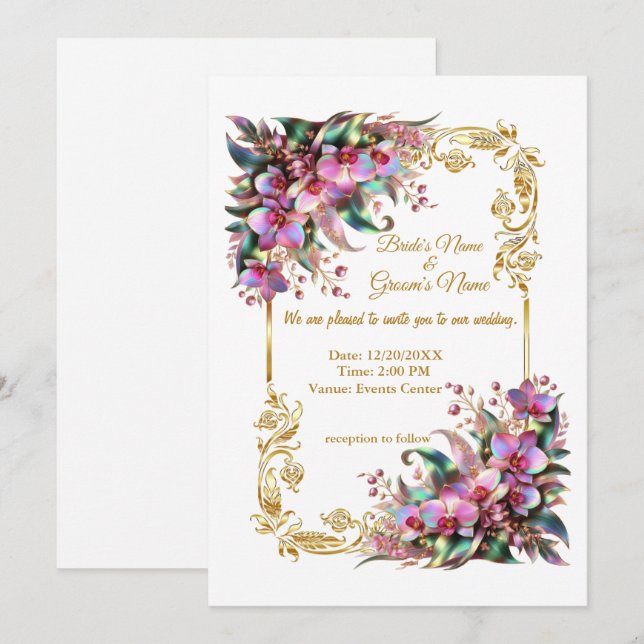 Elegant och vibrant Orchid Flowers Wedding Inbjudningar (Fram/baksida)