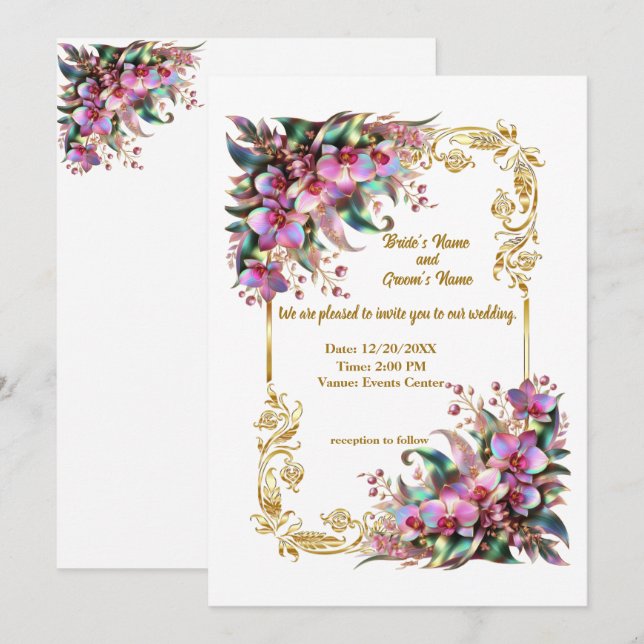 Elegant och vibrant Orchid Flowers Wedding Inbjudningar (Fram/baksida)