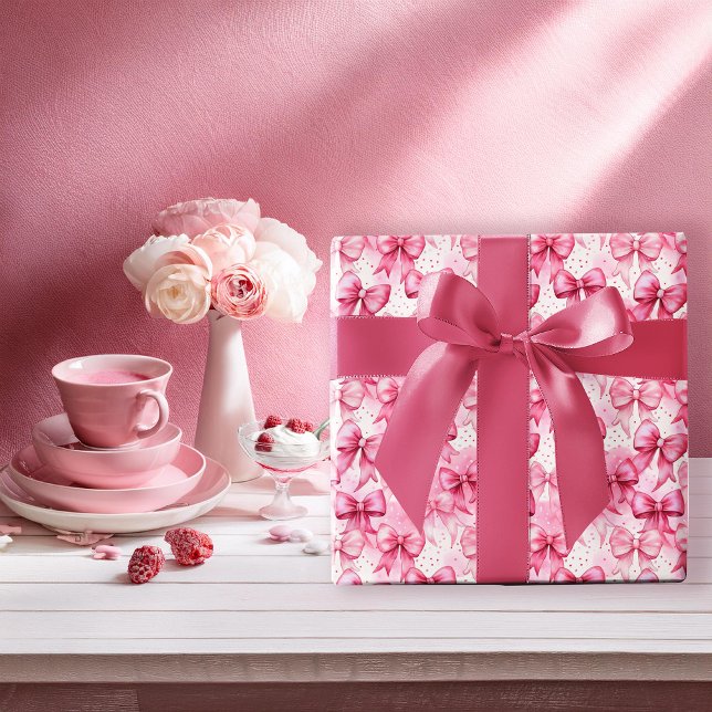 Elegant och vismisk Rosa Coquette Bows Rosett band Presentpapper (Elegant and Whimsical Pink Coquette Bows and Ribbons with Pink Polka Dots Wrapping Paper)