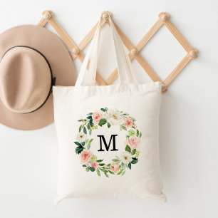 Elegant och vit Blommigt Utandning Monogram Tygkasse