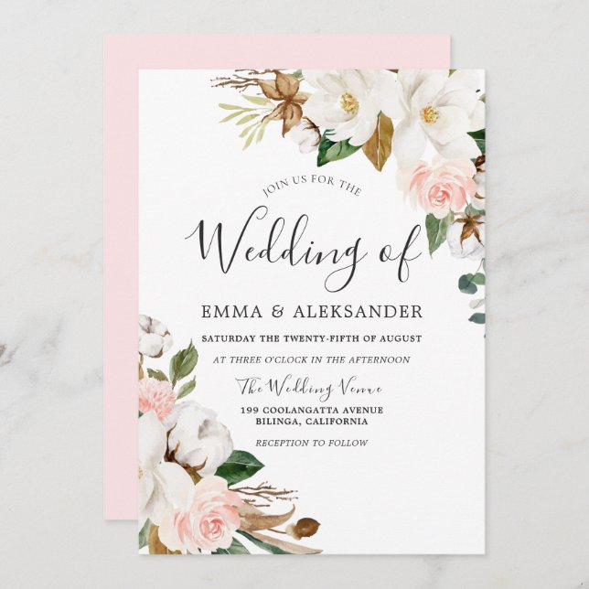 Elegant  och vita vattenfärgsblommor Bröllop Inbjudningar (Fram/baksida)