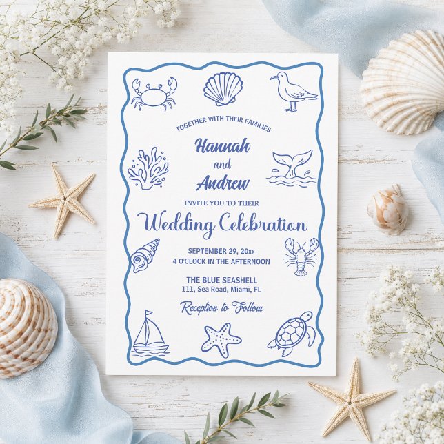 Elegant och Whimsical Handritad Havsliv Bröllop Inbjudningar (Skapare uppladdad)
