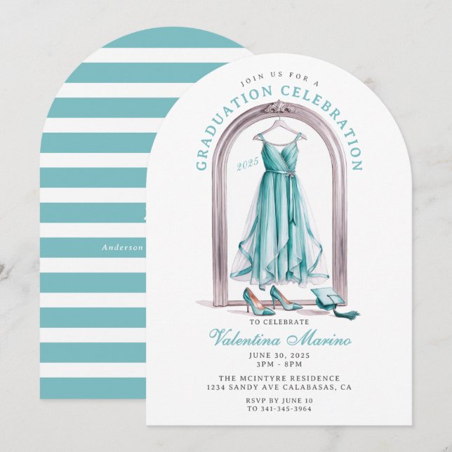 Elegant och Whimsical Teal Klänning Examen Inbjudningar (Fram/baksida)
