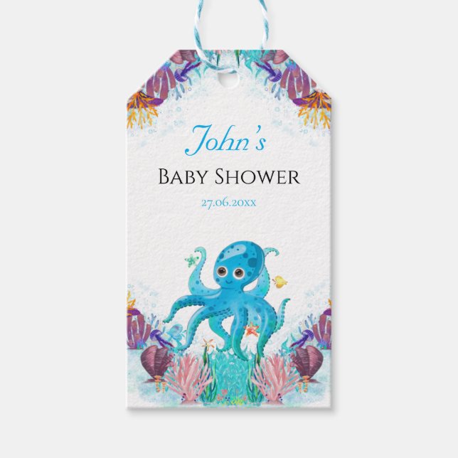 Elegant Octopus Baby Shower Birthday Gif Presentetikett (Framsidan)