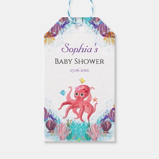 Elegant Octopus Baby Shower Birthday Presentetikett (Framsidan)