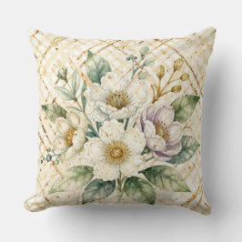 Elegant Off White Flowers, Gold Lattice Pattern Kudde