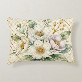 Elegant Off White Flowers, Gold Lattice Pattern Prydnadskudde
