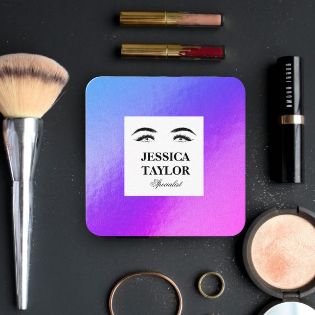 Elegant ögonfransar lila holografisk kvadrat fyrkantigt visitkort (Lashes illustration in purple holographic - makeup artist square business card)