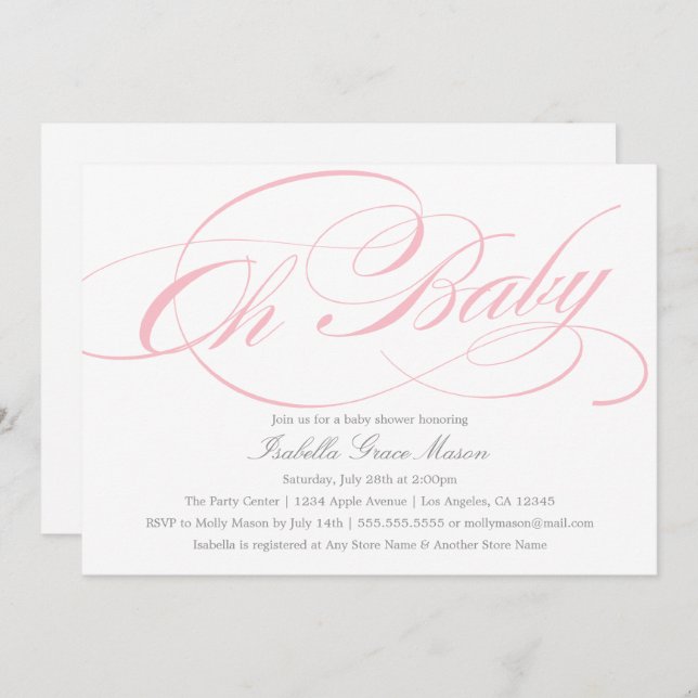 Elegant Oh Baby i Rosa | Inbjudan till babyvisning (Fram/baksida)