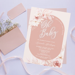 Elegant Oh Baby Rodnad Blommig Bebis Shower Inbjudningar