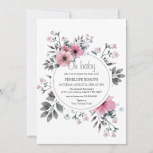 Elegant 'Oh Baby' Rosa & Grå Blommig Bebis Shower Inbjudningar