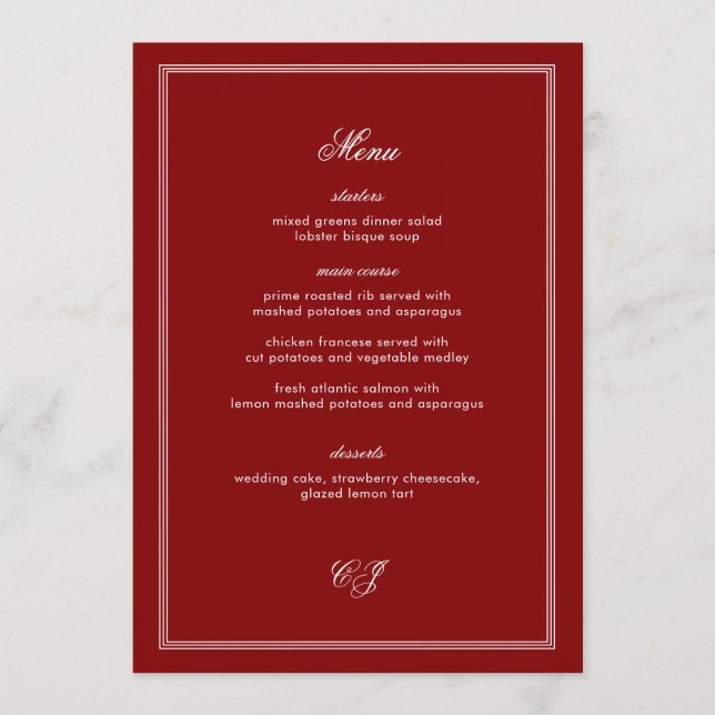 Elegant Old Money Burgundy Wedding Menu Meny (Framsida)