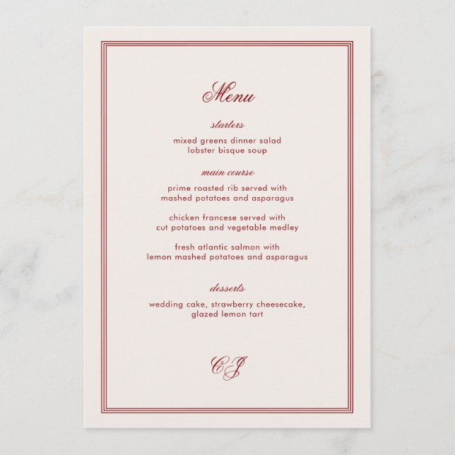 Elegant Old Money Burgundy Wedding Meny (Framsida)