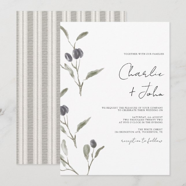 Elegant Oliv grönt Bröllop Inbjudningar (Fram/baksida)