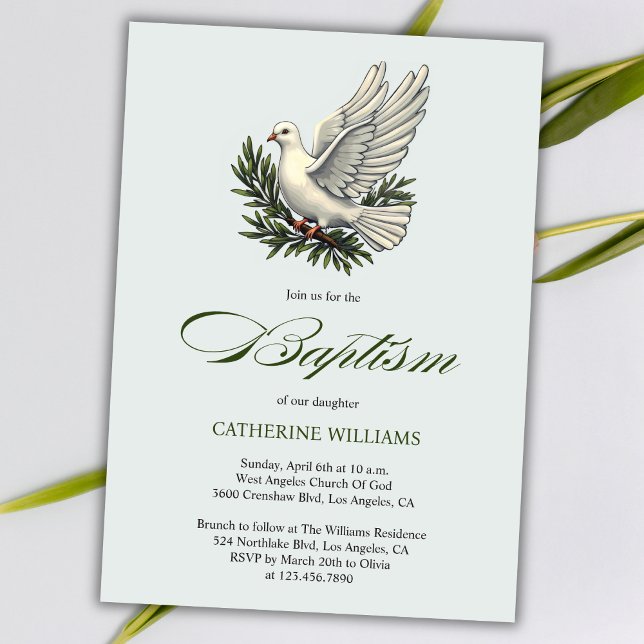 Elegant Oliv grönt dobaptism i vitskrift Inbjudningar (Elegant Green Script White Dove and Olive Branch Baptism Invitation)