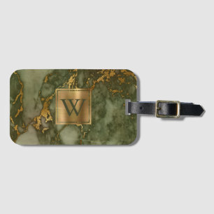 Elegant Oliv grönt Guld Marble Monogram Bagagebricka
