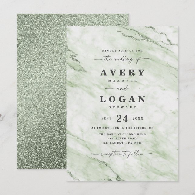 Elegant Oliv grönt Marble & Glitter Bröllop Inbjudningar (Fram/baksida)