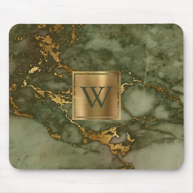Elegant Oliv grönt Marble Guld Monogram Musmatta (Framsidan)