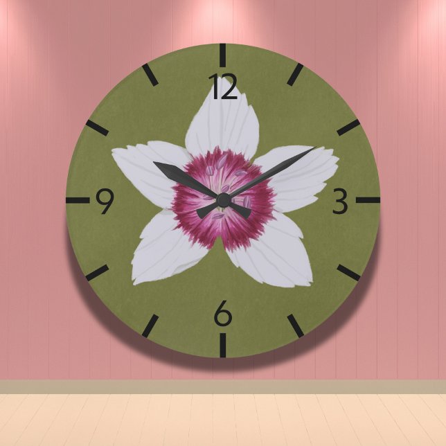 Elegant Oliv grönt Modern Clematis Hand-Drawn Stor Klocka (Skapare uppladdad)