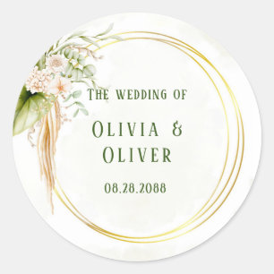 Elegant Oliv grönt och Guld Bröllop Runt Klistermärke