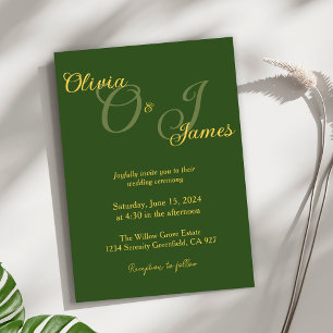 Elegant Oliv grönt och Guld Monogram Bröllop Inbjudningar