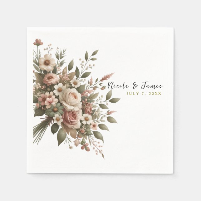 Elegant Oliv grönt och vit Blommigt hörn Bröllop Pappersservett (Framsidan)
