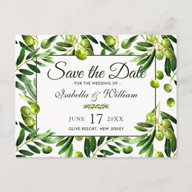 Elegant Olivblad Boho Trädgård Save the Date Meddelande Vykort (Framsida)