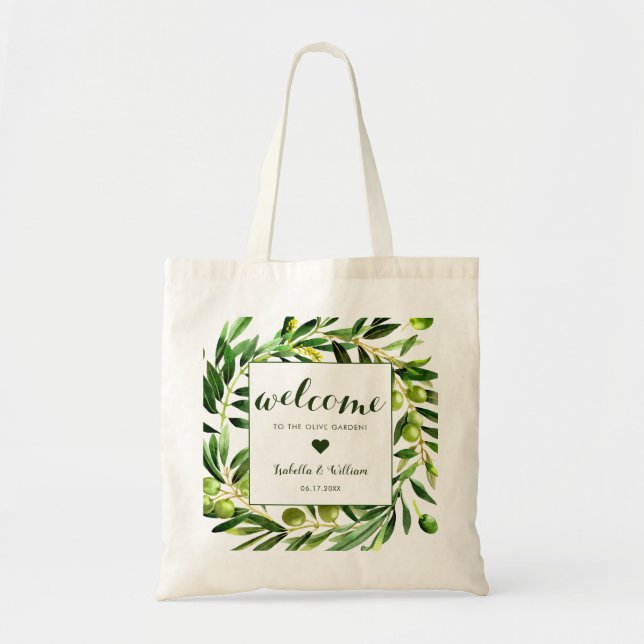 Elegant Olive Boho Garden Wedmeds välkomstförmån Tygkasse (Framsidan)