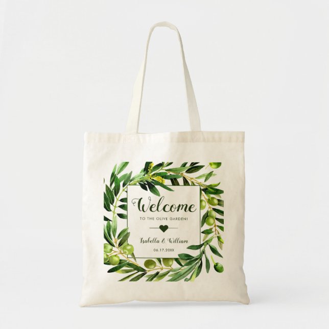 Elegant Olive Boho Garden Wedmeds välkomstförmån Tygkasse (Framsidan)