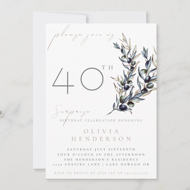 Elegant Olive Branch Surprise Birthday Invitation Inbjudningar (Framsida)