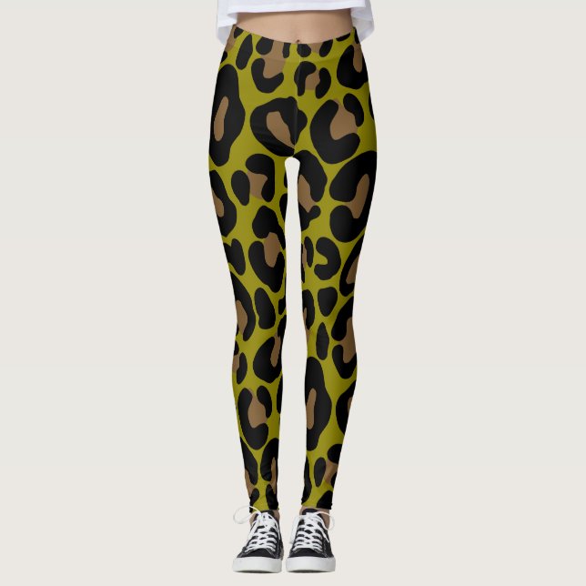 Elegant olive green and black leopard Print Leggings (Framsida)